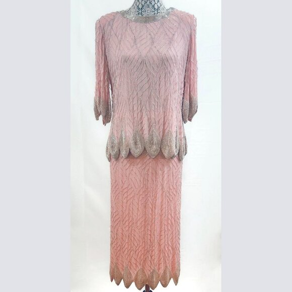 Fantasy by Lisa Kane, Silver-Beaded, Pink Pure Silk Chiffon Dress, Size 14-16 - Picture 1 of 14